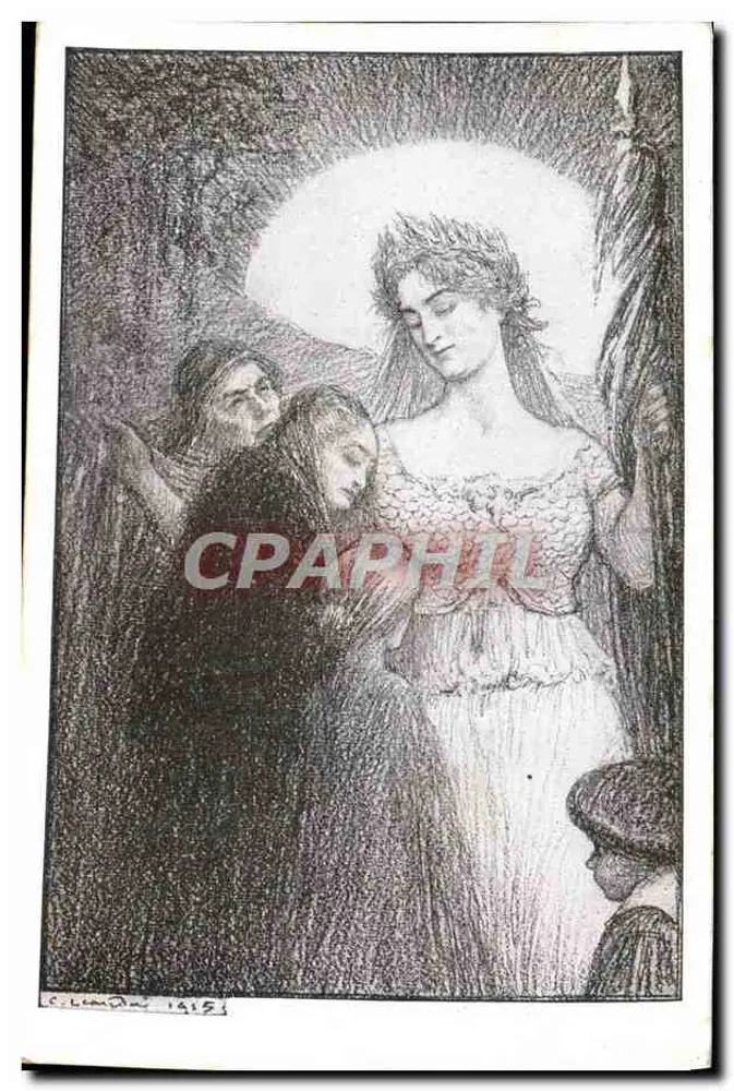 Mulher em vestido branco cercada por figuras escuras — desenho de C. Léand 1915 — edição Jornada Francesa do Socorro Nacional - Frente