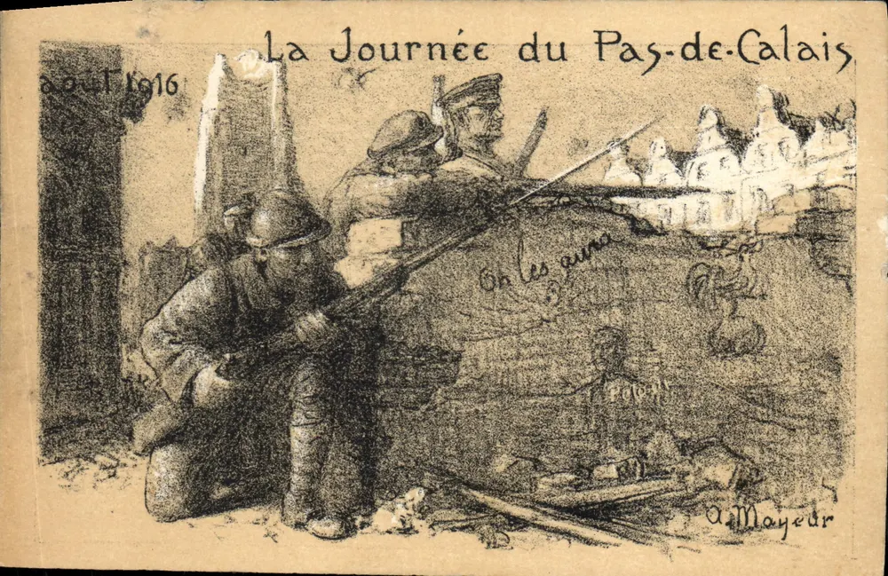 La Journée du Pas-de-Calais — scène de soldats en position de tir — dessin de A. Mayeur - Recto