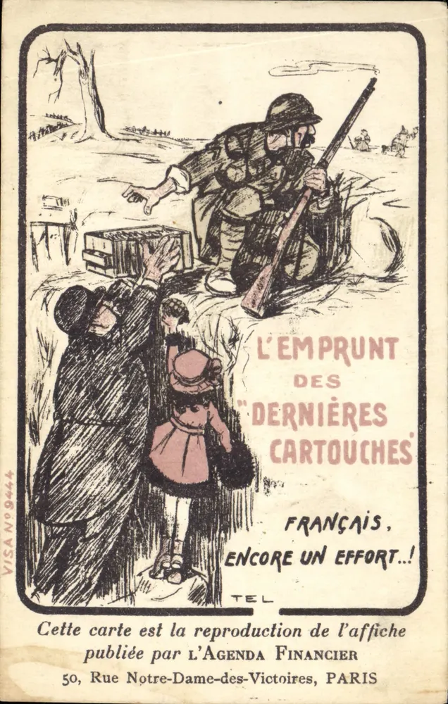 Soldat und Kinder — Aufruf zum Einsatz für den Emprunt des dernières cartouches — Nachdruck einer Plakatvorlage von Agenda Financier, Paris - Vorderseite