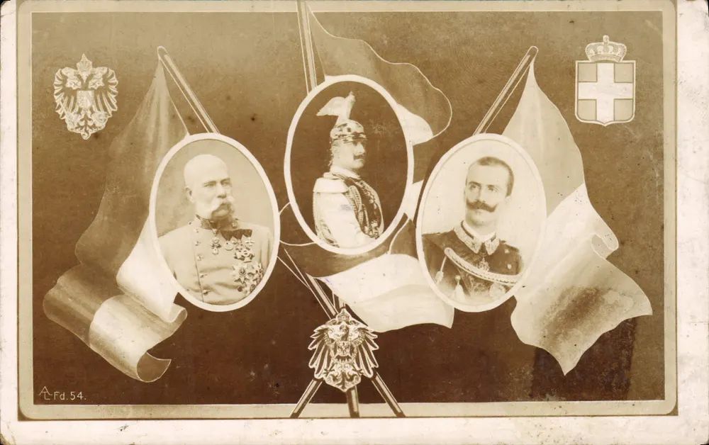 Trois souverains — portraits en médaillons avec drapeaux et armoiries — éditeur A.Fd.54 - Frente