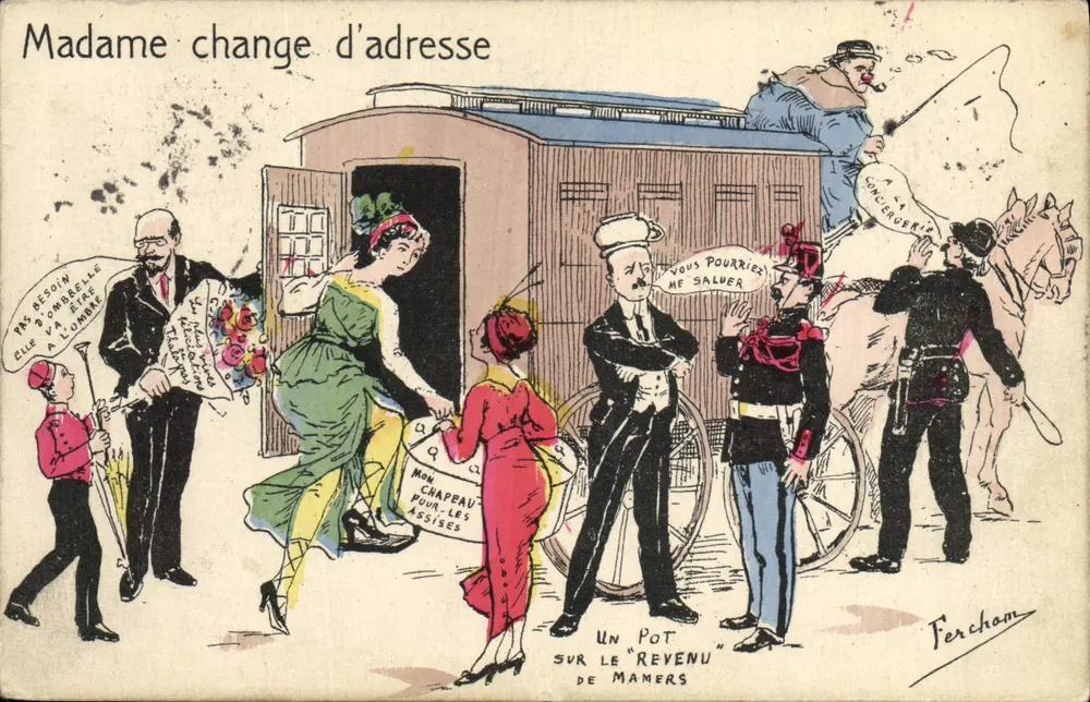 Madame wechselt die Adresse — satirische Karikatur — Fercham, n° 108 - Vorderseite