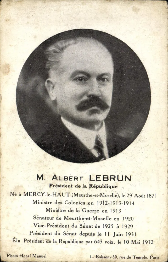 Herr Albert Lebrun — Präsident der Republik — Foto Henri Manuel, L. Boisson, 50 rue du Temple, Paris - Vorderseite