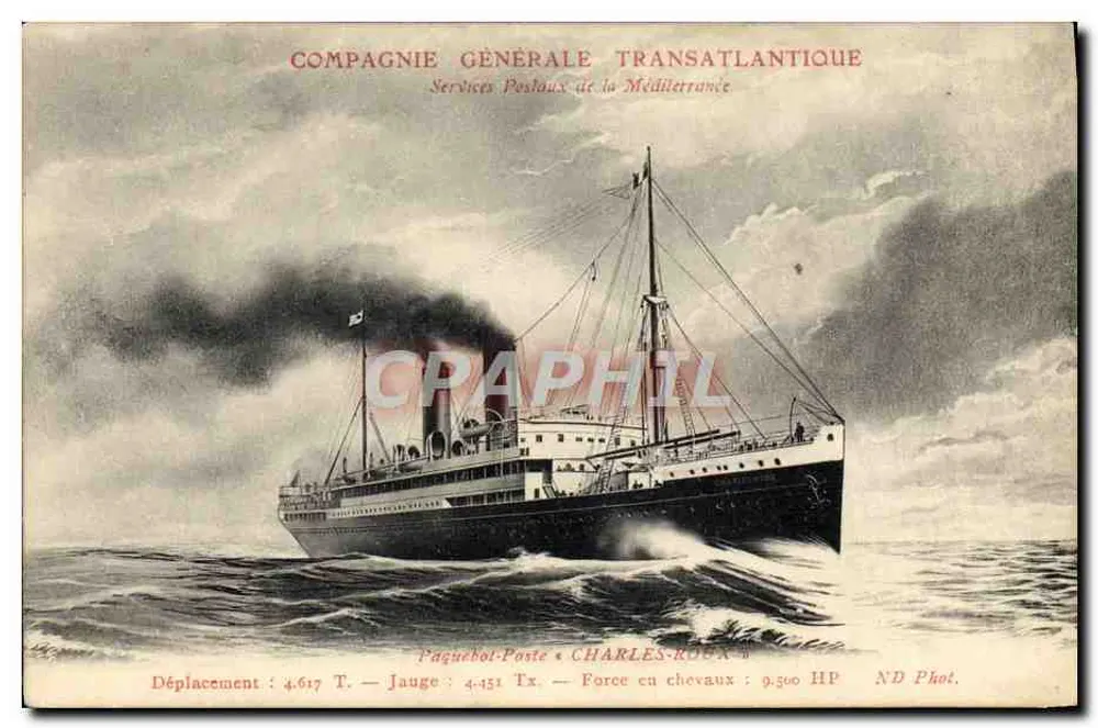 Dampfschiff « Charles-Roux » — Compagnie Générale Transatlantique — Services Postaux de la Méditerranée - Vorderseite