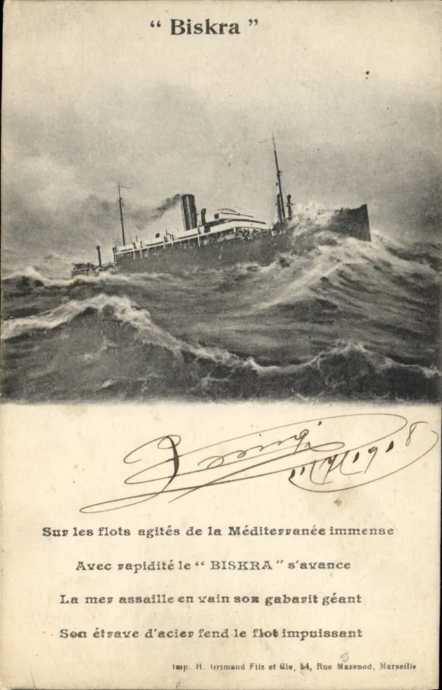 O navio de passageiros "Biskra" — atravessando o Mediterrâneo — Imp. H. Grimaud Fils et Cie, 54, Rue Mazenod, Marselha - Frente