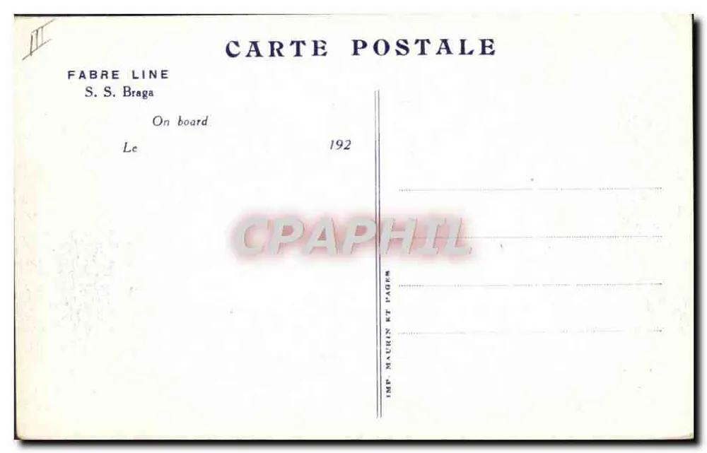 S.S. Braga — Navio da linha Fabre — Editor Maurin et Pages - Verso