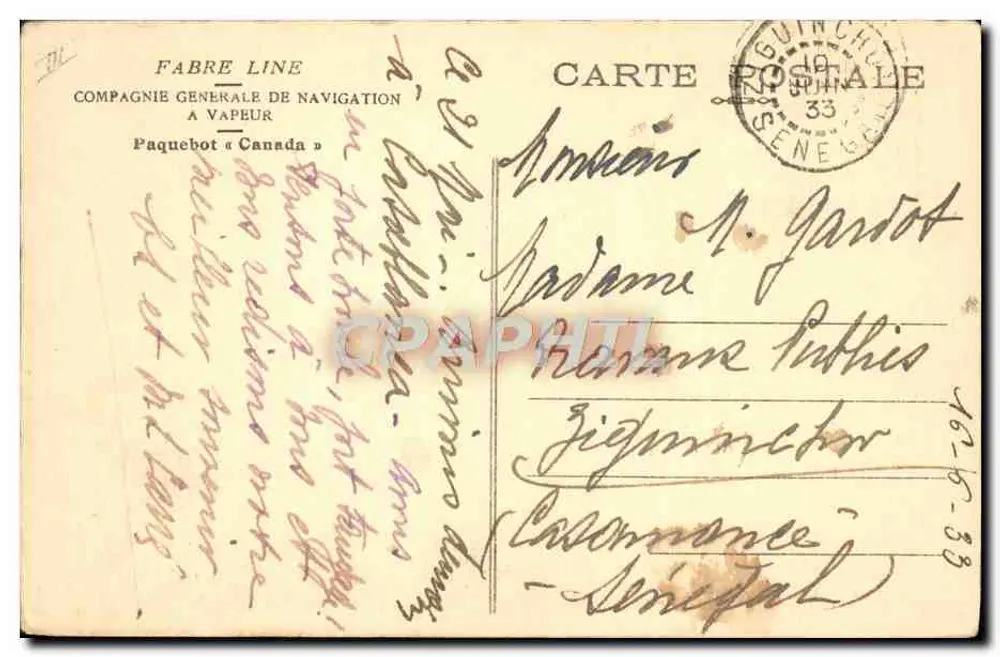 Paquebote « Canada » — Compagnie Générale de Navigation — editor Fabre Line - Verso