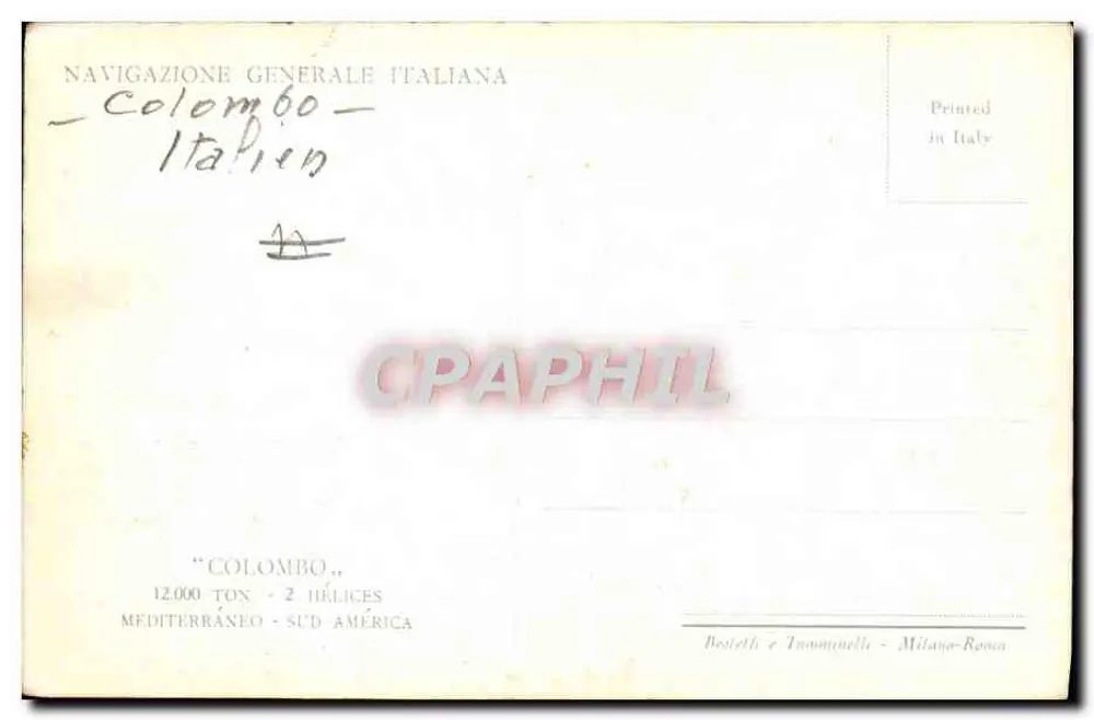O navio Colombo — Navigazione Generale Italiana — 12.000 toneladas — 2 hélices — Mediterrâneo - América do Sul - Verso