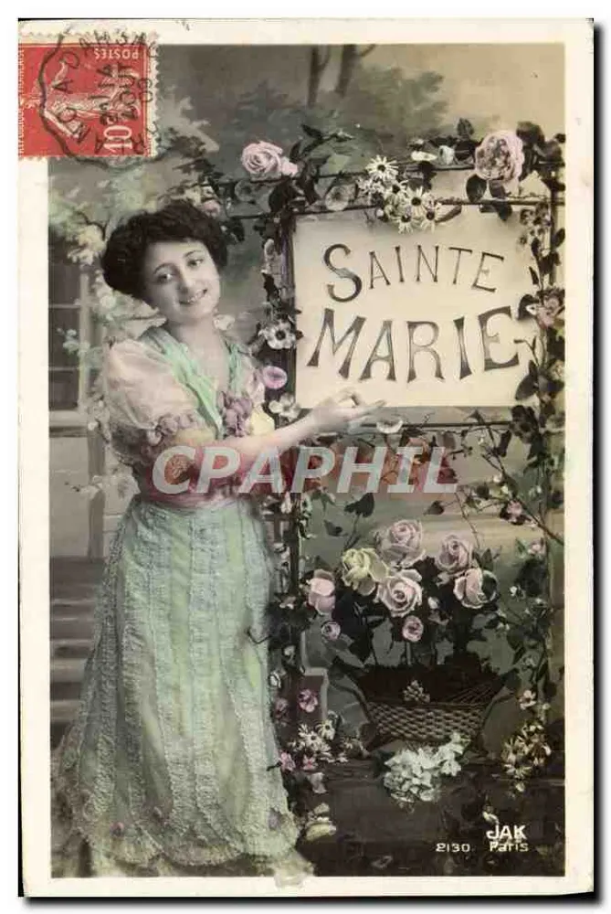 Frau in Blumenkleid — vor Schild 'Sainte Marie' — JAK Paris, n° 2130 - Vorderseite