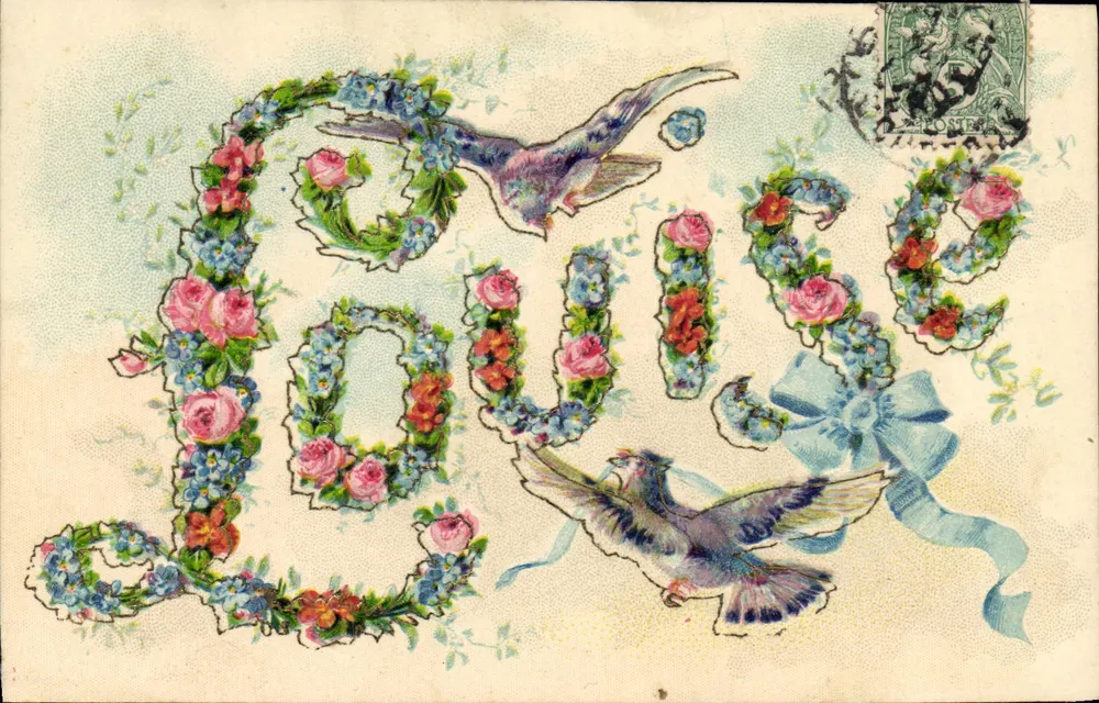Louise — Dekorative Karte mit Blumen und Vögeln — K. F. Éditeurs, Paris, Serie 1.864 - Vorderseite