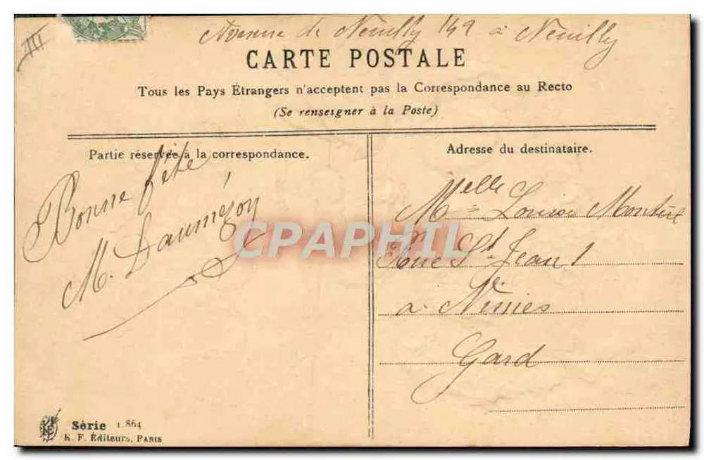 Louise — Dekorative Karte mit Blumen und Vögeln — K. F. Éditeurs, Paris, Serie 1.864 - Rückseite