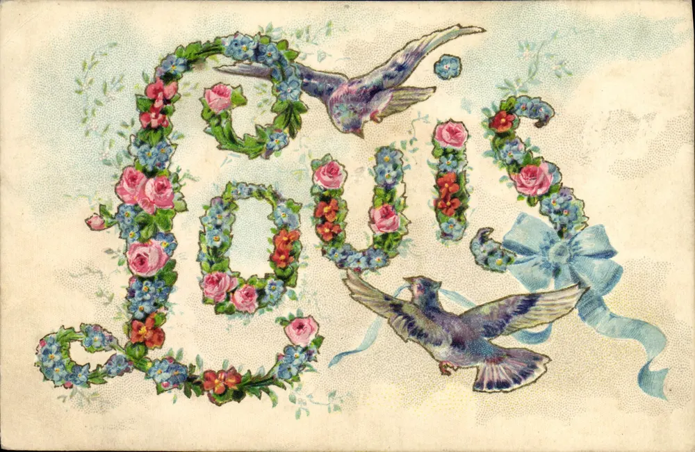 Louis — Dekorative Ansichtskarte mit Blumen und Vögeln — K. F. Verleger, Paris, Serie 1. Nr. 64 - Vorderseite