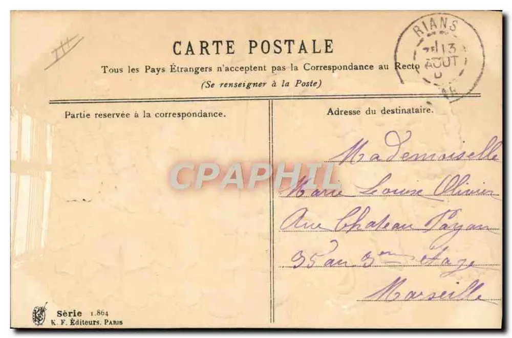 Ostern — weißes Tier und Blumen — Verlag K. F., Paris, Serie 1.864 - Rückseite