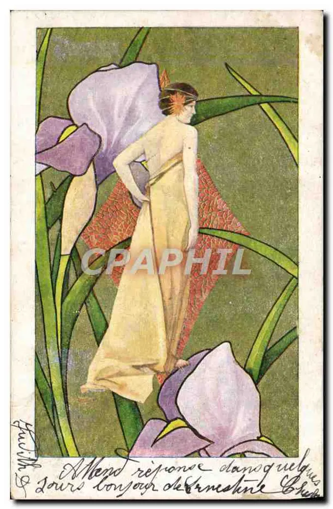 Mulher em vestido amarelo entre íris — ilustração Art Nouveau — editor não identificado - Frente