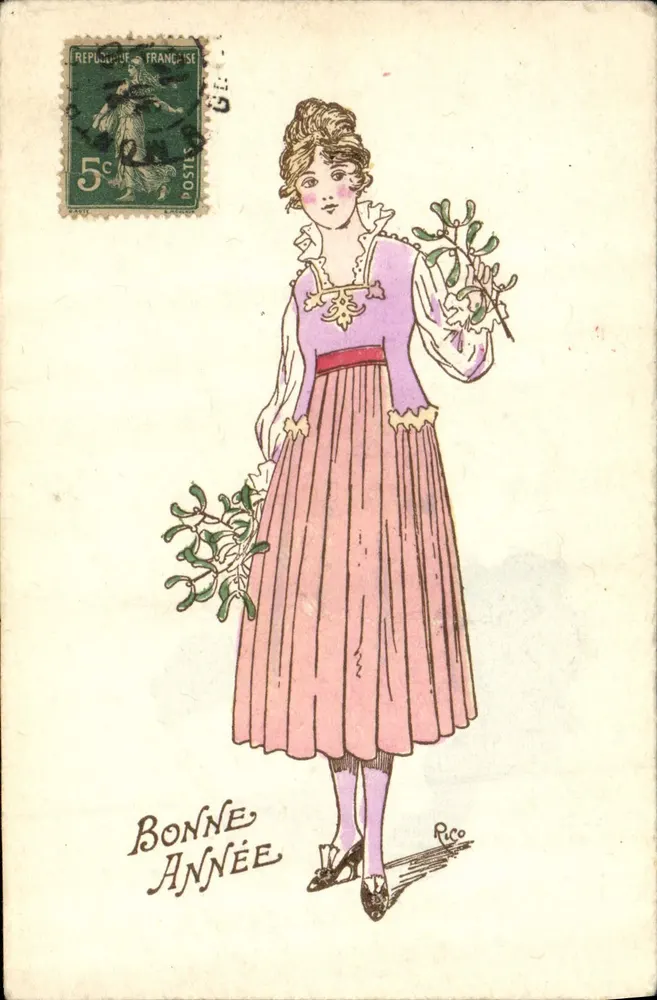 Mulher em vestido roxo e rosa segurando guisquilho — Boa Ano — Rico - Frente