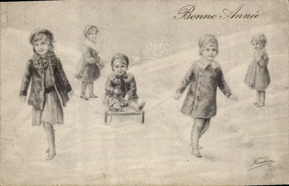 Crianças brincando na neve — Boa Ano — Rondena - Frente