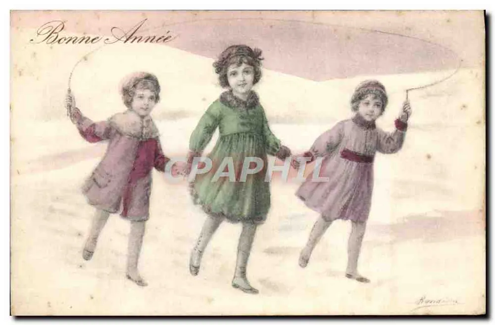 तीन बच्चे रस्सा खेल रहे हैं — शुभ वर्ष — डीलर एफ. ओटो - पेरिस - आगे