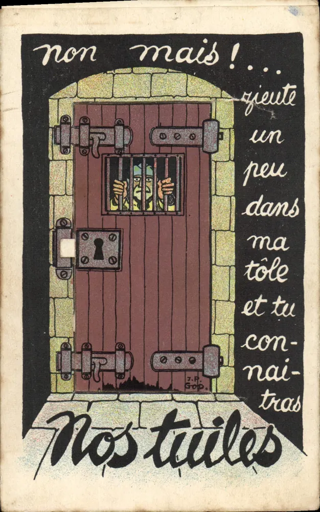Porte de prison — illustration avec texte humoristique — éditeur J.P. Goid - Frente