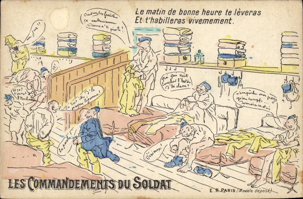 Les Commandements du Soldat — caricature militaire — E.R. PARIS (Modèle déposé) - Frente