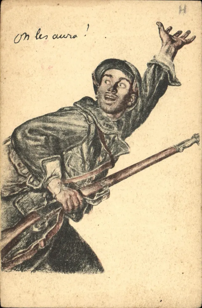 Soldat in Aktion — Slogan 'On les aura !' — Devambiez, Paris, Visa n° 30 - Vorderseite