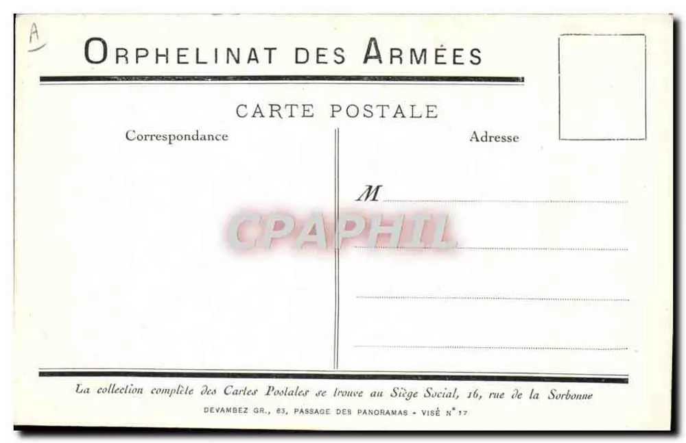 Orfanato das Forças Armadas — Sujeto: uma mulher com casaco abraçando uma criança — editor Devambez Gr. N°17 - Verso