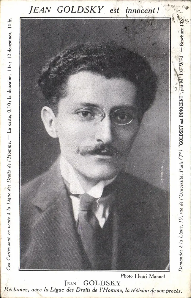 Jean Goldsky é inocente! — Cartaz de campanha para a revisão do seu julgamento — Liga dos Direitos Humanos, Paris - Frente