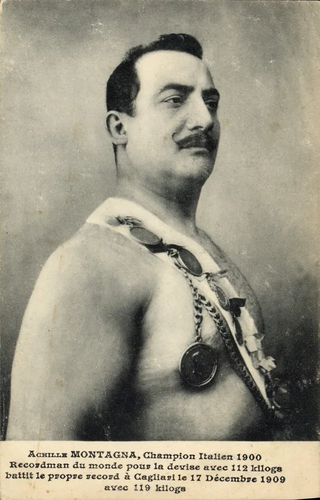 Achille Montagna — italienischer Champion 1900, Weltrekordhalter im Pressen — gedruckter und handschriftlicher Text - Vorderseite