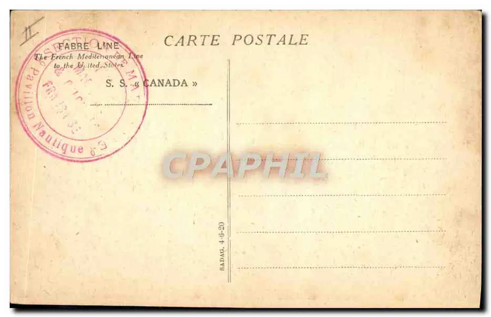 S.S. CANADA — statek z linii Fabre — wydawca Fabre Line - Rewers