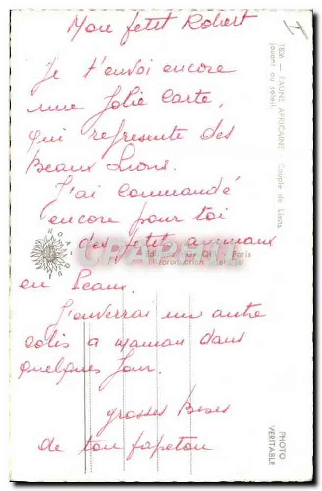 Paar Löwen — Afrikanische Tierwelt — Verlag J. Quin - Paris, Nr. I - Rückseite