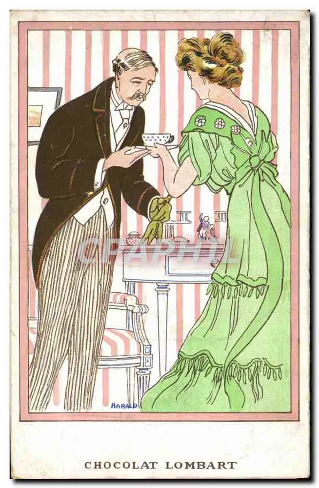 Diener, der Schokolade an eine Dame anbietet — Chocolat Lombart, Verlag HARALD - Vorderseite