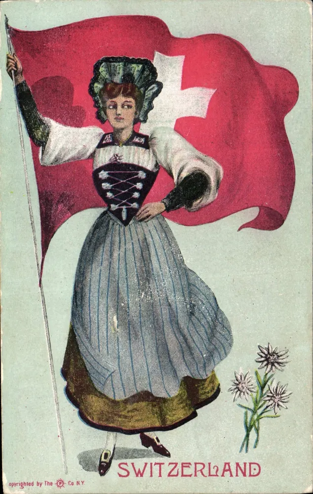 Frau im traditionellen Schweizer Kostüm — hält die Schweizer Fahne — Verlag The P. Co. N.Y. - Vorderseite