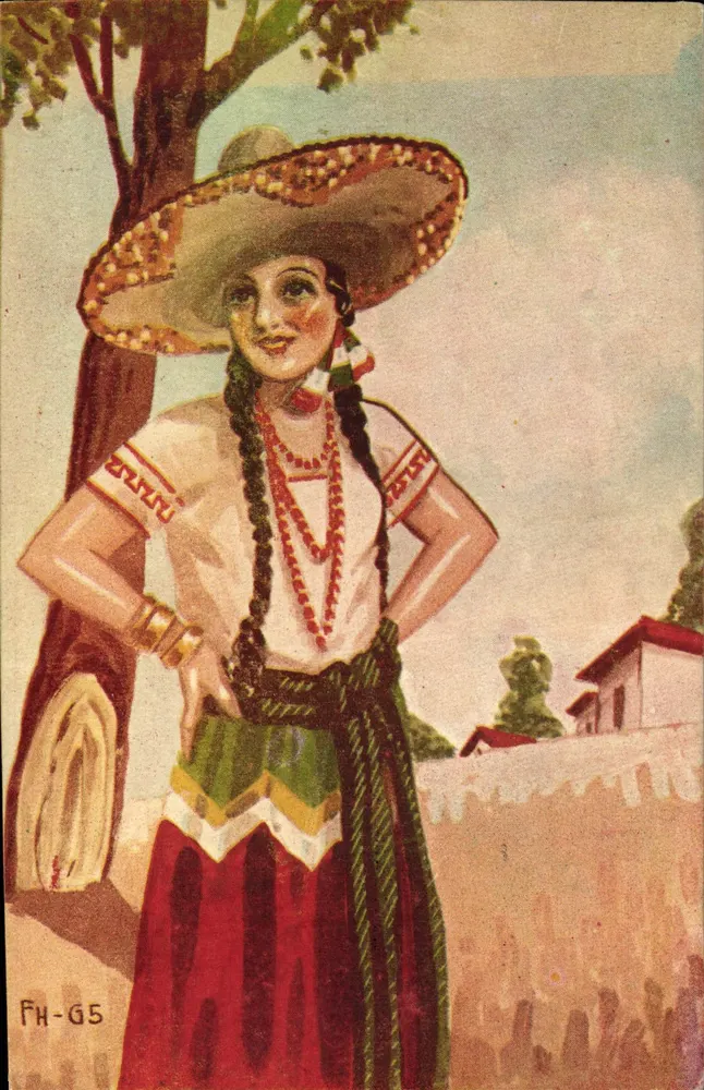 Mulher em traje mexicano — sombrero ornado, roupa colorida — editor F. Harsbecher, n° FH-G5 - Frente