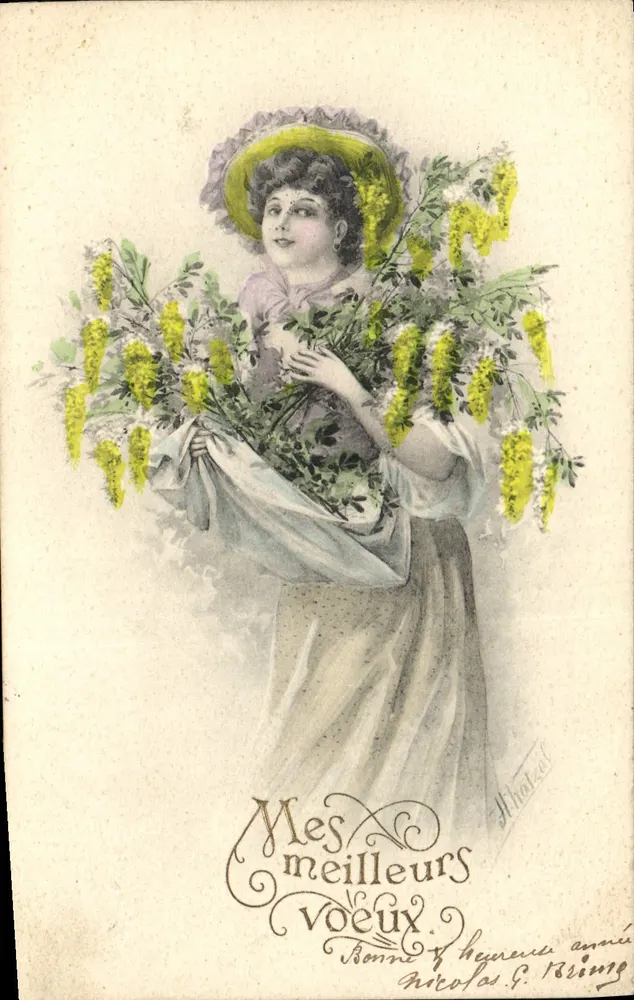 Frau mit Blumenstrauß — Grüße aus den Blumen — Serie A S W, Verlag J. Hébrard - Vorderseite