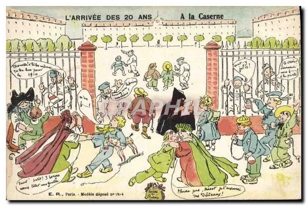 A CHEGADA DOS 20 ANOS À CASERNE — E.R., Paris, Modelo depositado n° 1914 - Frente