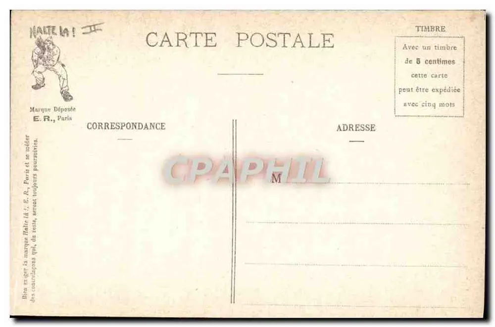 Cenas militares — Soldados em traje de banho perto de um edifício — E.R., Paris, Modelo depositado n° 14877 - Verso