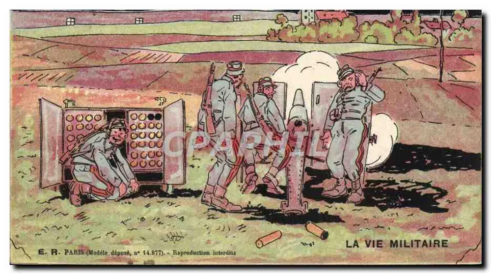 Soldados carregando um canhão — A Vida Militar — E.R. Paris, n° 14.877 - Frente