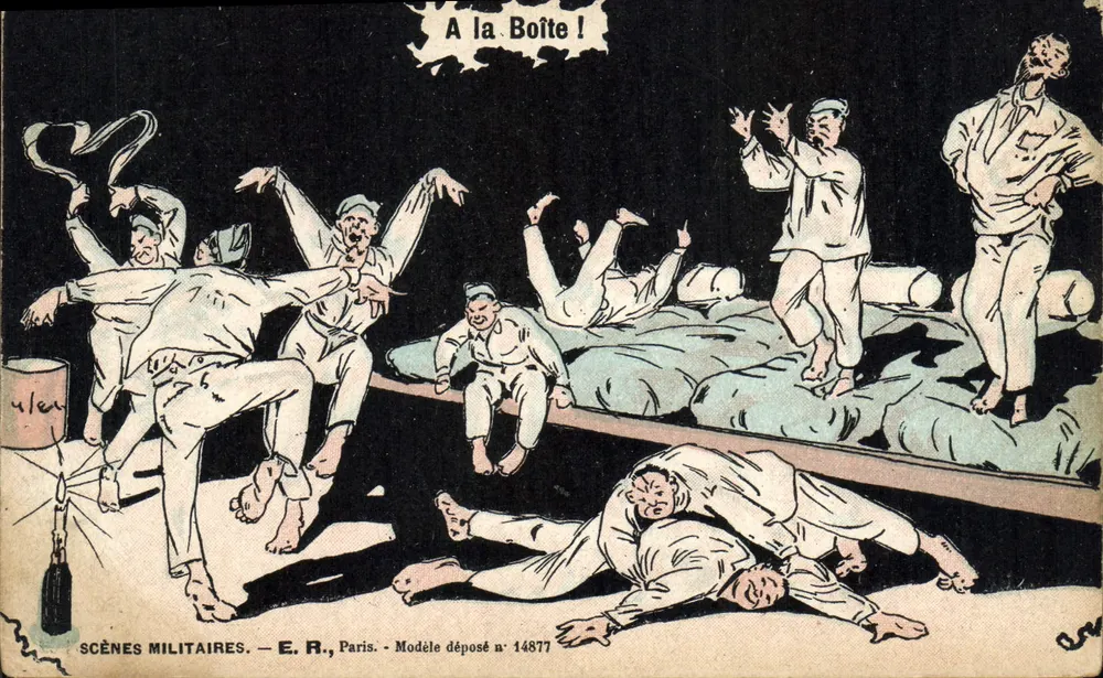 Cenas Militares — A la Boîte! — E.R., Paris, Modelo depositado n° 14877 - Frente