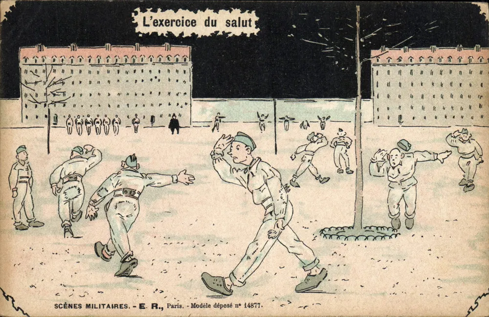 Cenas militares — O exercício do cumprimento — E.R., Paris, Modelo depositado n° 14877 - Frente