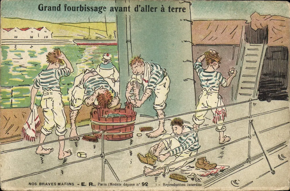 Matrosen, die sich darauf vorbereiten, das Schiff zu verlassen — Unsere tapferen Matrosen — E.R., Paris, n° 92 - Vorderseite