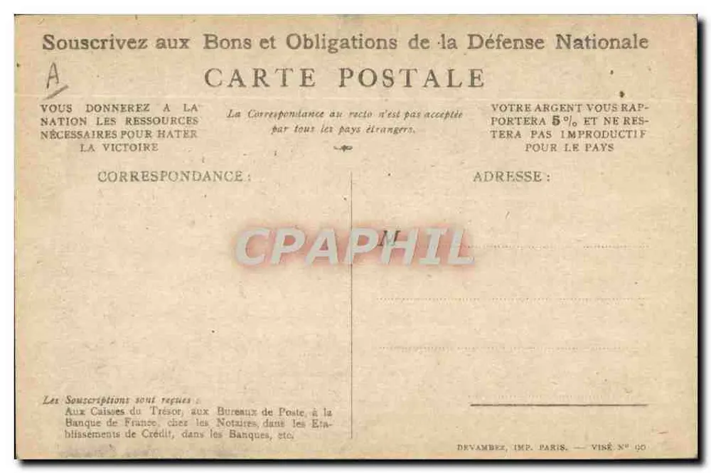 Soldat schreit 'On les aura !' — Aufruf, sich für Kriegsanleihen zu bewerben — Devambex, Imp. Paris, Viné N° 90 - Rückseite