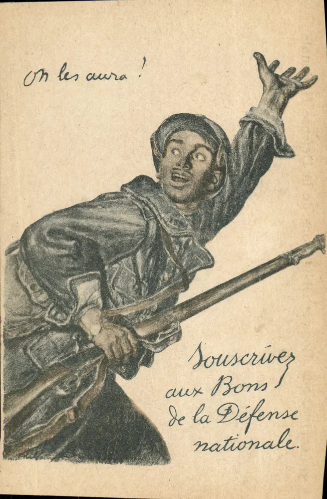 Soldat in Aktion — Patriotischer Slogan — Antike Ansichtskarte der Nationalen Verteidigung - Vorderseite