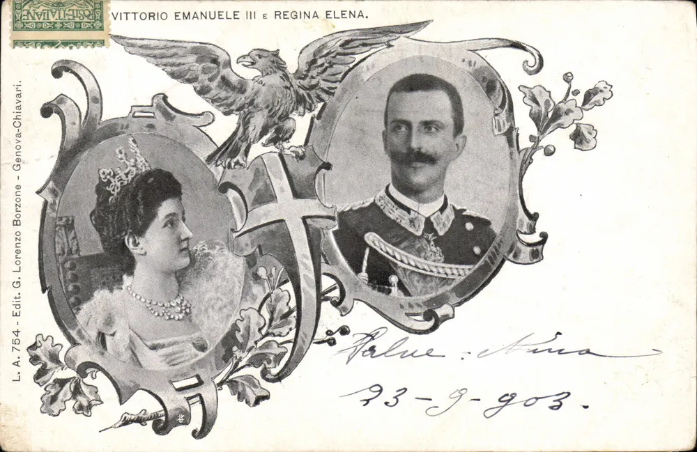 Vittorio Emanuele III e Regina Elena — retrato real adornado com um águia — editor G. Lorenzo, n° 754 - Frente