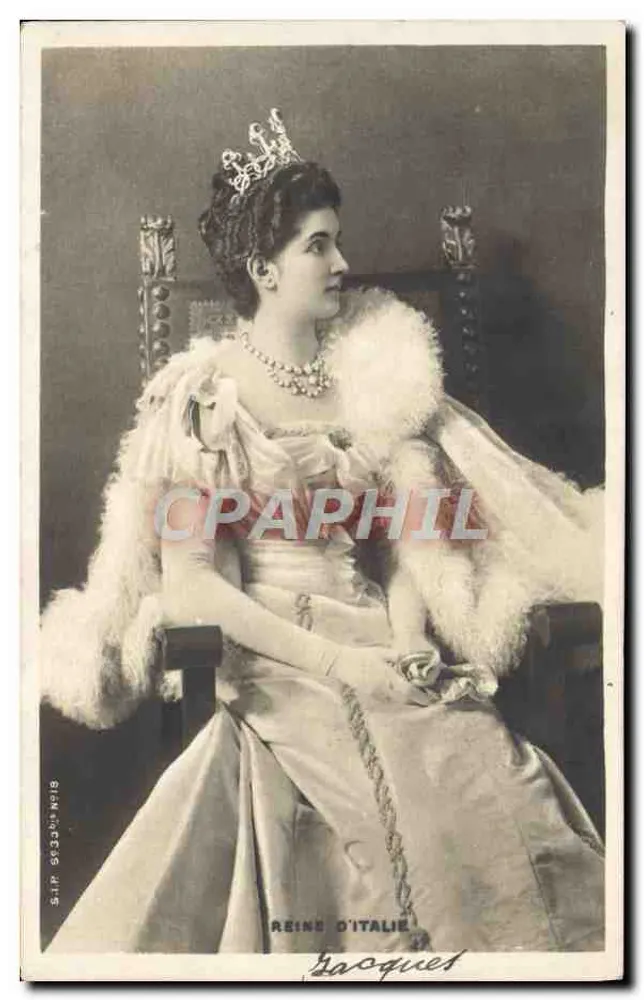 Rainha da Itália — retrato em traje real — editor Sacquet, n° 663368 - Frente
