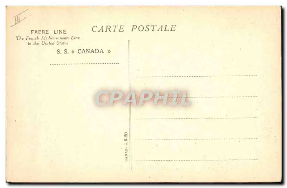 S.S. « CANADA » — navio da Fabre Line — editor desconhecido, número de série não visível - Verso