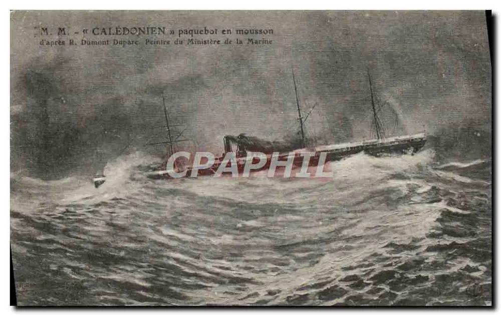 O navio 'Calédonien' em tempestade de monção — ilustração do Ministério da Marinha — editor não visível - Frente