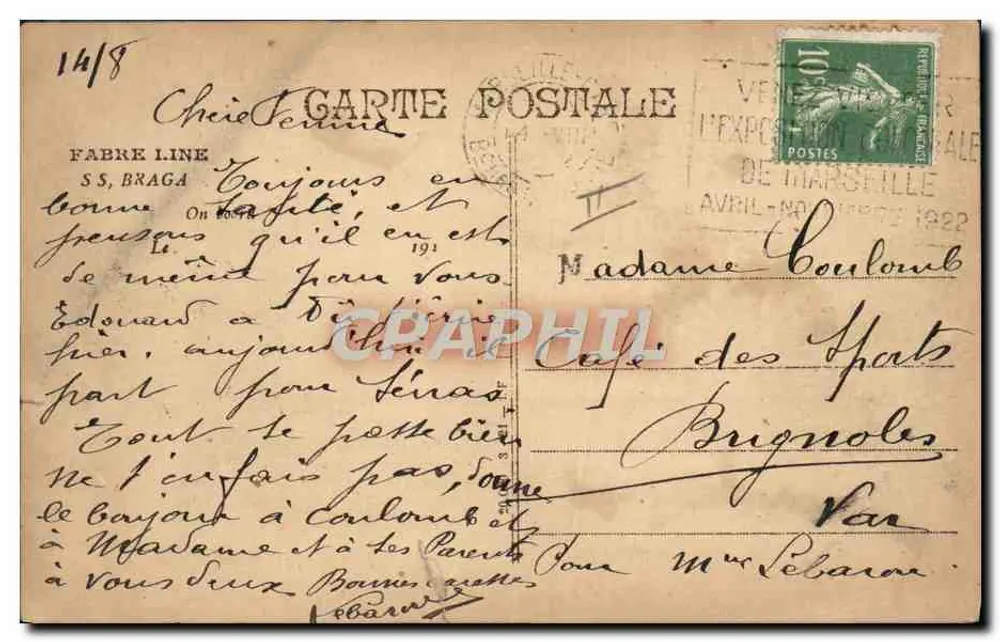 S.S. BRAGA — Navio de linha — Linha Fabre - Verso