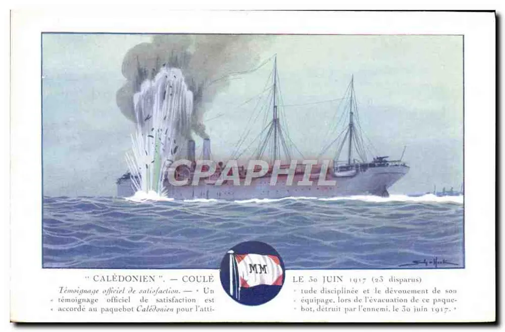 Dampfschiff Calédonien — Versenkt am 30. Juni 1917 (25 vermisst) — Messageries Maritimes, N° 3901 - Vorderseite