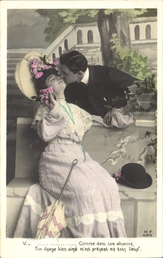 Junge Frau und Mann in Liebe — Szene auf einer Balustrade — M.F. PARIS - Vorderseite