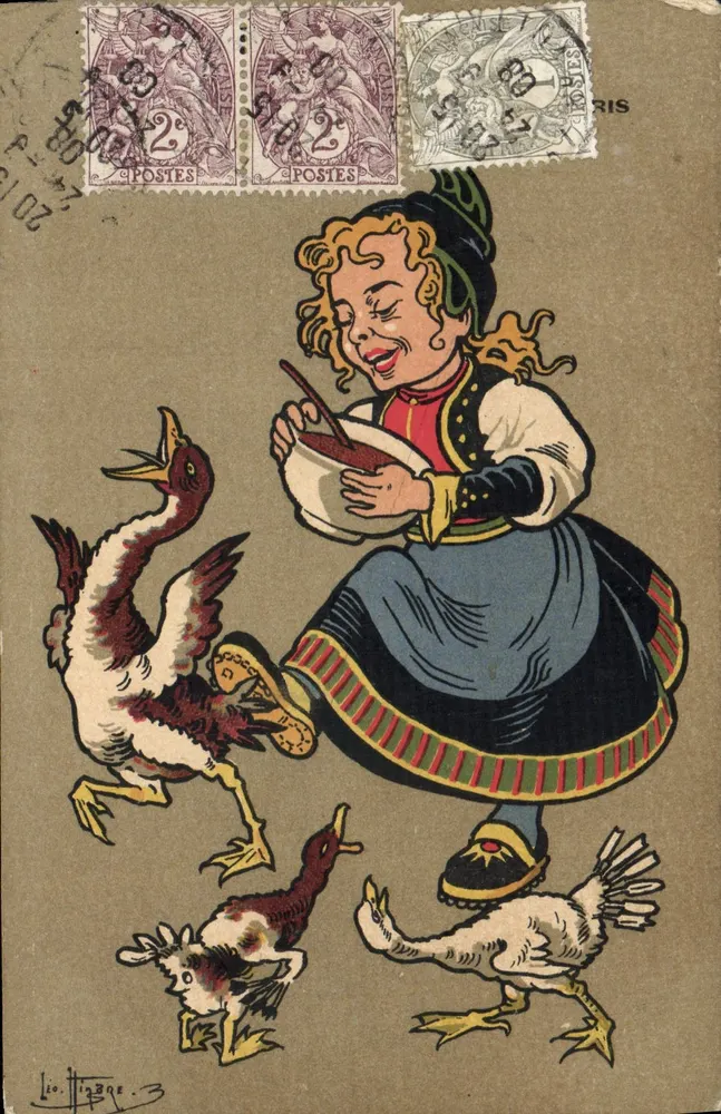 Frau im folkloristischen Kleid, die Vögel füttert — Zeichnung von Léo Higge — Verlag nicht sichtbar - Vorderseite