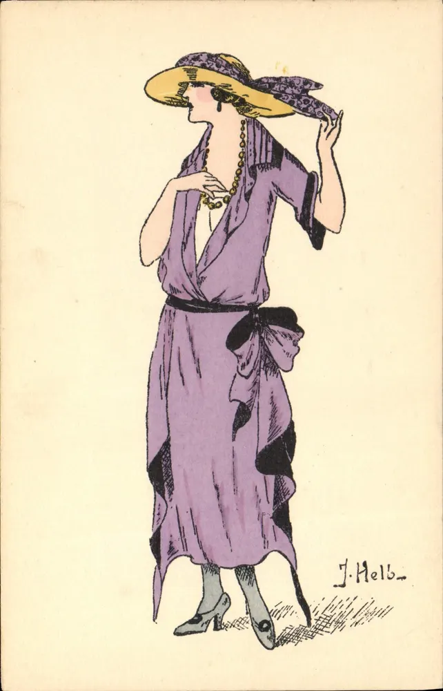 Frau in violettem Kleid und Hut — J. Helb — Serie n° 69, Cathrélain et Bartrim Edit., Paris 12. Arrondissement - Vorderseite
