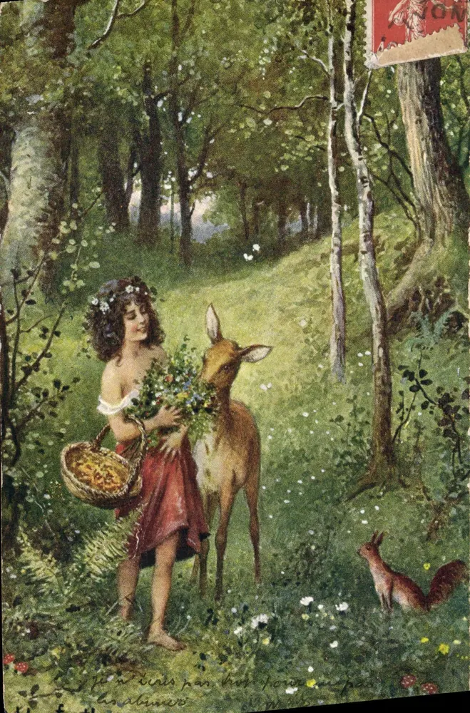 Fee in der Wald — mit Hirsch und Fuchs — anonymer Verleger, Seriennummer nicht sichtbar - Vorderseite
